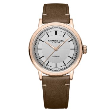 Montre Raymond Weil Millesime Automatique Seconde Centrale PVD Or rose cadran argenté bracelet cuir 39,5 mm