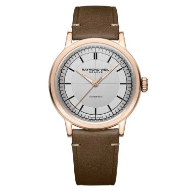 Montre Raymond Weil Millesime Automatique Seconde Centrale PVD Or rose cadran argenté bracelet cuir 39,5 mm
