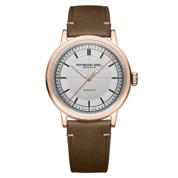 Raymond Weil Millesime Automatic Central Seconds PVD Rose Gold silver dial leather strap 39,5 mm