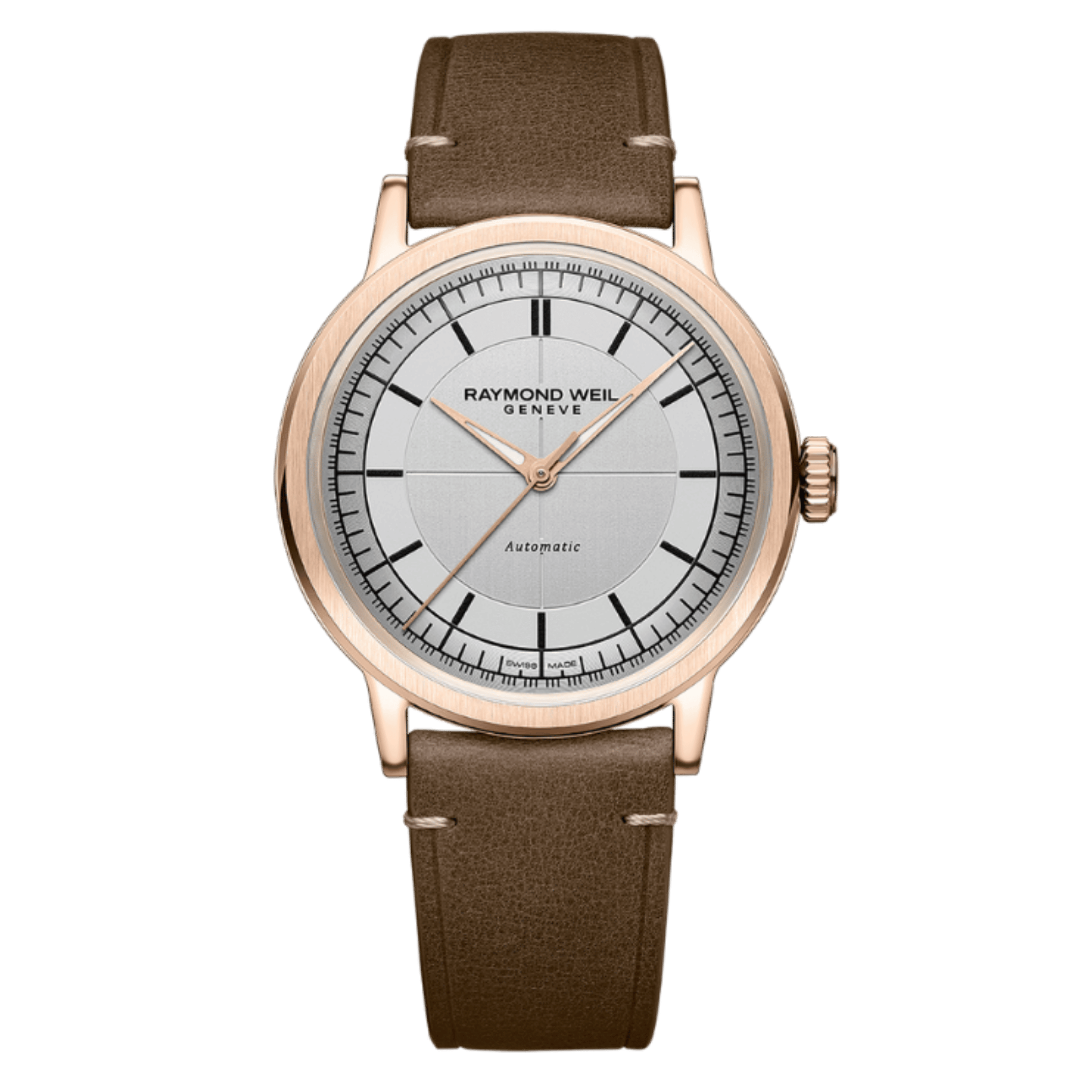 Montre Raymond Weil Millesime Automatique Seconde Centrale PVD Or rose cadran argenté bracelet cuir 39,5 mm