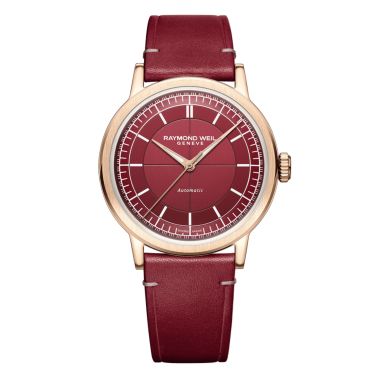 Montre Raymond Weil Millesime Automatique Seconde Centrale PVD Or rose cadran lie de vin bracelet cuir 39 mm