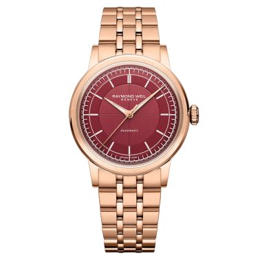 Montre Raymond Weil Millesime Automatique Seconde Centrale PVD Or rose cadran lie de vin bracelet acier 35 mm