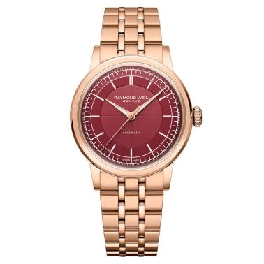 Montre Raymond Weil Millesime Automatique Seconde Centrale PVD Or rose cadran lie de vin bracelet acier 35 mm