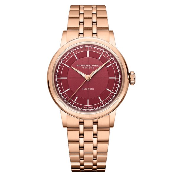 Raymond Weil Millesime Automatic Central Seconds PVD Rose gold red dial steel bracelet 35 mm