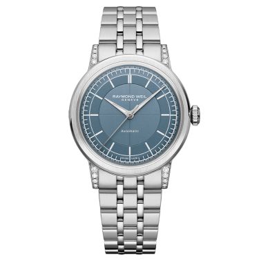 Montre Raymond Weil Millesime Automatique Seconde Centrale Diamants cadran bleu bracelet acier 35 mm