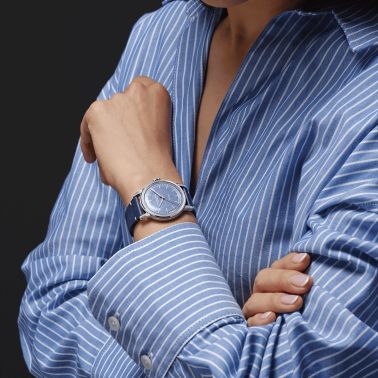 Montre Raymond Weil Millesime Automatique Seconde Centrale Diamants cadran bleu bracelet cuir 35 mm