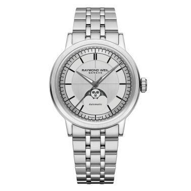 Montre Raymond Weil Millesime Automatique Phase de Lune cadran argenté bracelet acier 39,5 mm