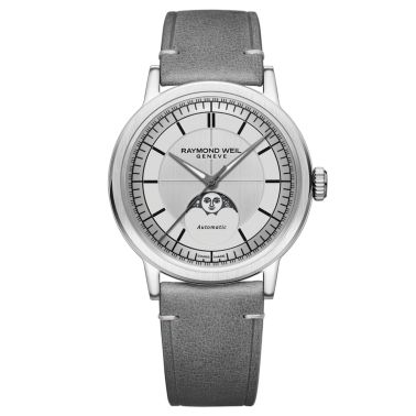 Montre Raymond Weil Millesime Automatique Phase de Lune cadran argenté bracelet cuir 39,5 mm
