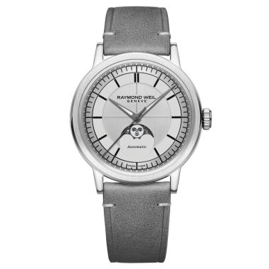 Montre Raymond Weil Millesime Automatique Phase de Lune cadran argenté bracelet cuir 39,5 mm