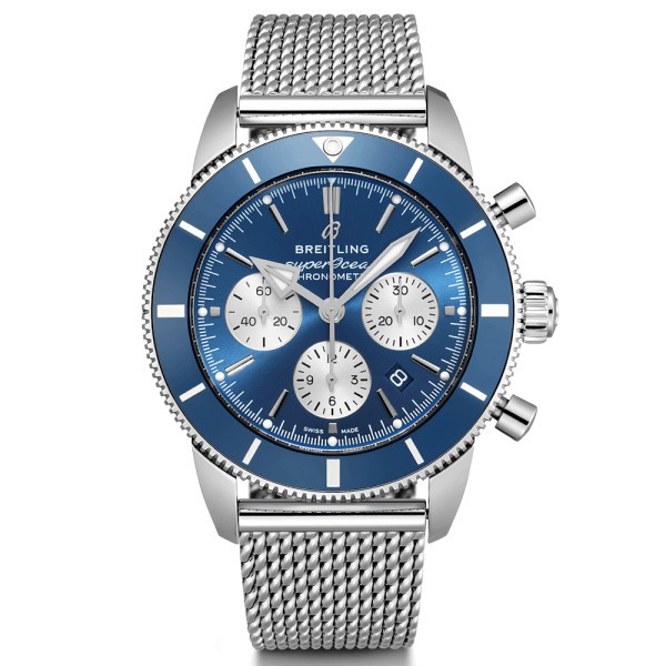 Montre Breitling Superocean Heritage II B01 chronograph automatique cadran bleu bracelet maille milanaise 44 mm