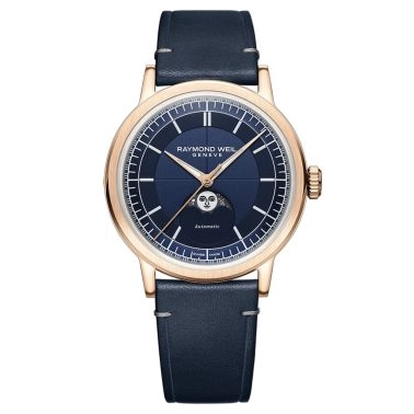 Montre Raymond Weil Millesime Automatique Phase de Lune PVD Or rose cadran bleu bracelet cuir 39,5 mm