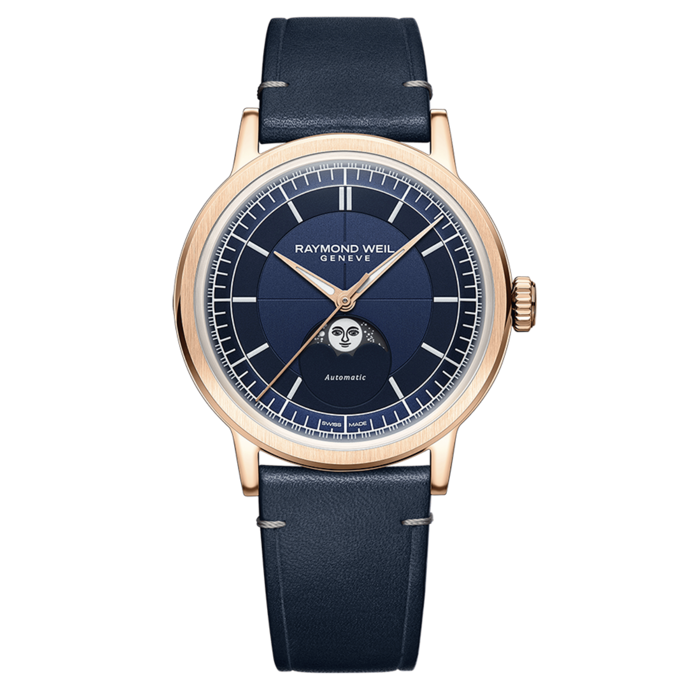 Raymond Weil Millesime Automatic Moon Phase PVD Rose gold blue dial leather strap 39,5 mm