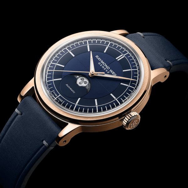 Raymond Weil Millesime Automatic Moon Phase PVD Rose gold blue dial leather strap 39,5 mm