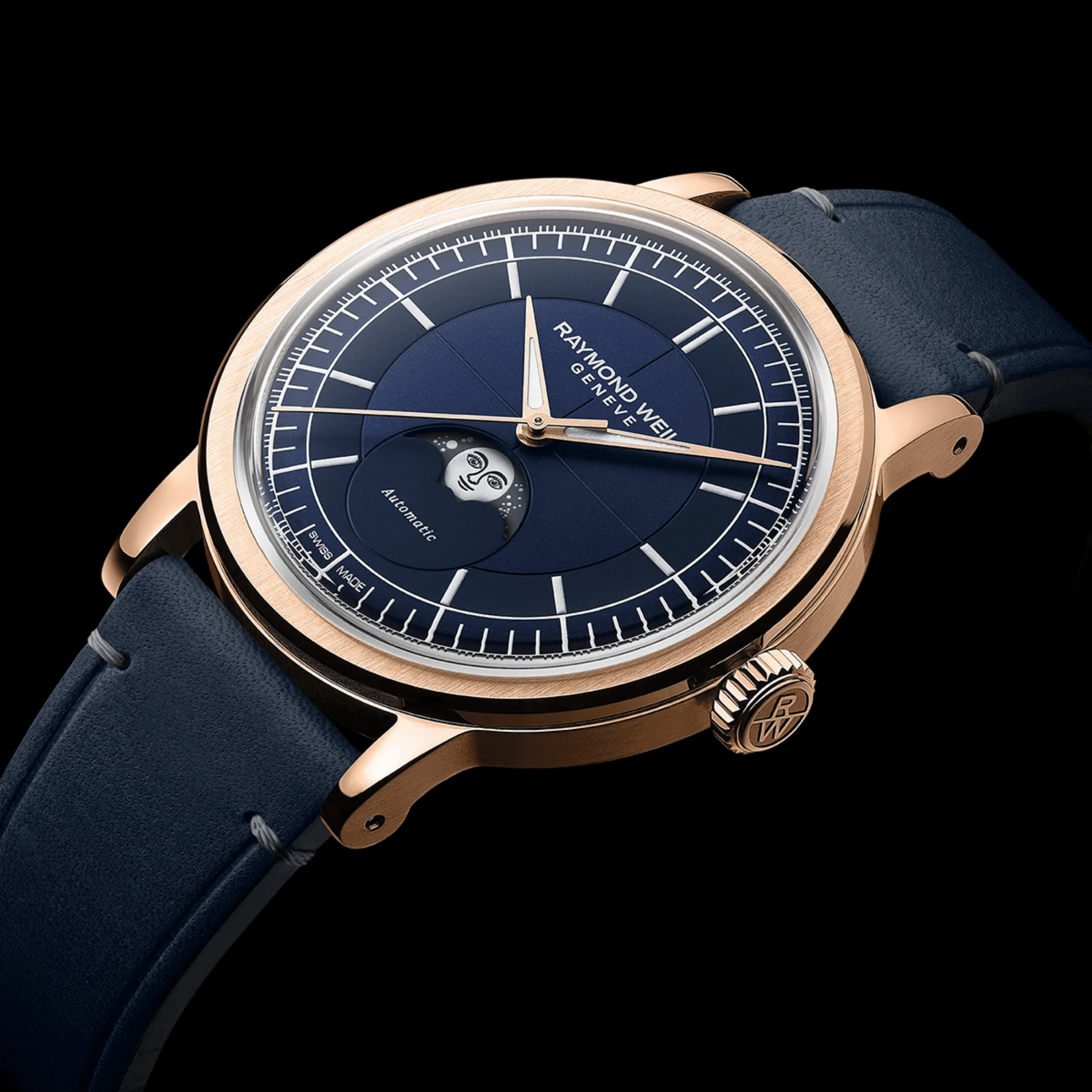 Raymond Weil Millesime Automatic Moon Phase PVD Rose gold blue dial leather strap 39,5 mm