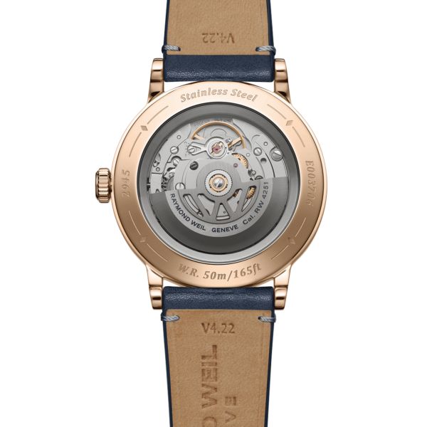 Raymond Weil Millesime Automatic Moon Phase PVD Rose gold blue dial leather strap 39,5 mm