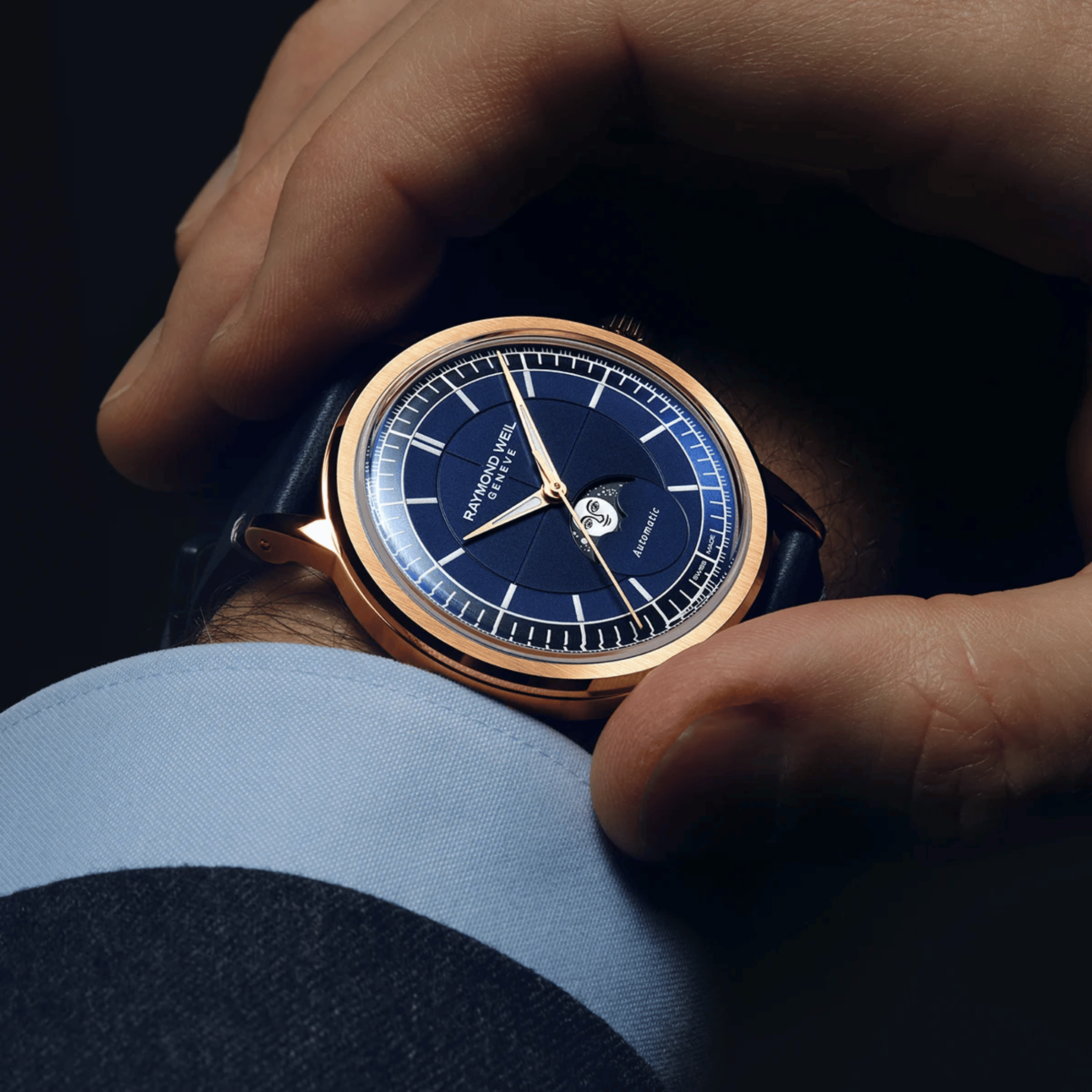 Raymond Weil Millesime Automatic Moon Phase PVD Rose gold blue dial leather strap 39,5 mm