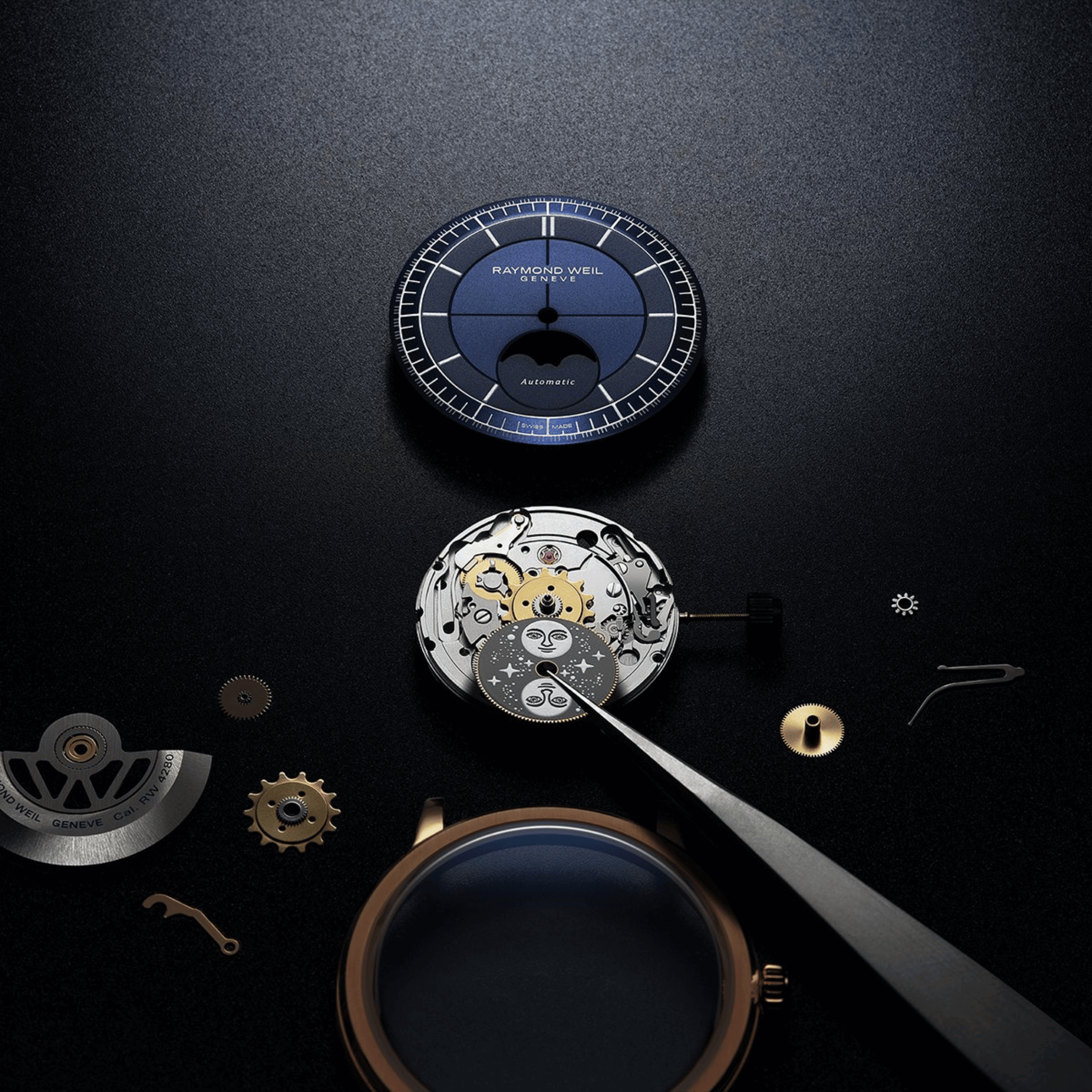 Raymond Weil Millesime Automatic Moon Phase PVD Rose gold blue dial leather strap 39,5 mm