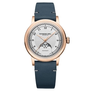 Montre Raymond Weil Millesime Automatique Phase de Lune PVD Or rose cadran argenté bracelet cuir 35 mm