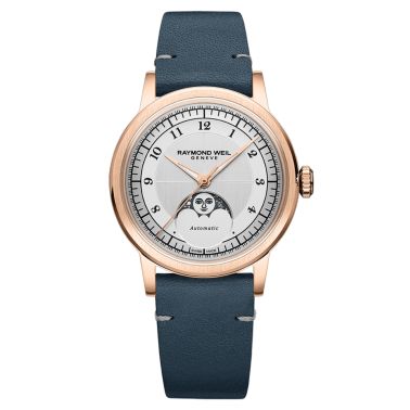 Raymond Weil Millesime Automatic Moon Phase PVD Rose gold silver dial leather strap 35 mm