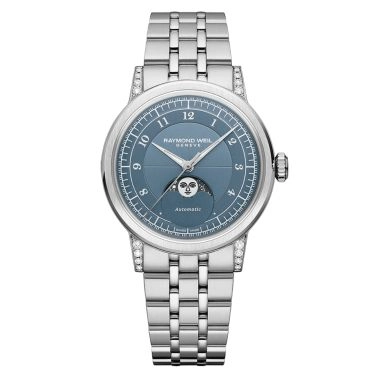 Montre Raymond Weil Millesime Automatique Phase de Lune Diamants cadran bleu bracelet acier 35 mm