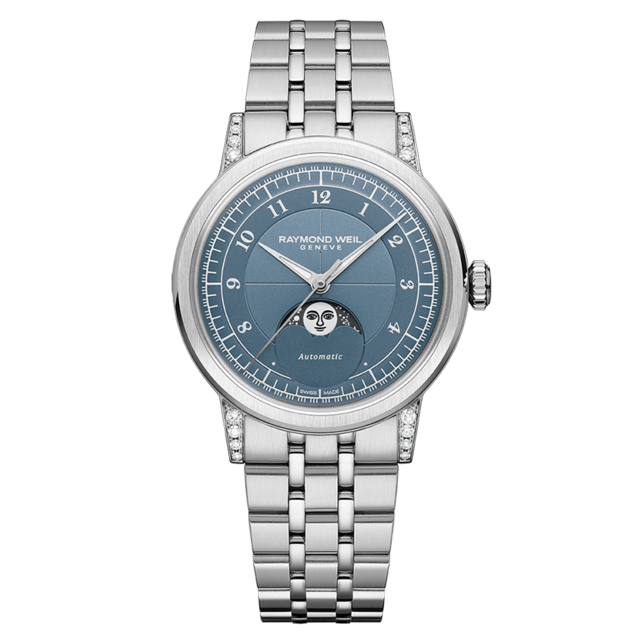 Raymond Weil Millesime Automatic Moon Phase Diamonds blue dial steel bracelet 35 mm