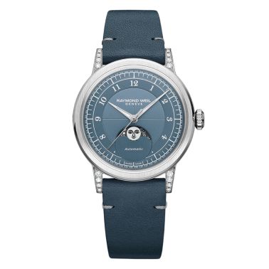 Montre Raymond Weil Millesime Automatique Phase de Lune Diamants cadran bleu bracelet cuir 35 mm