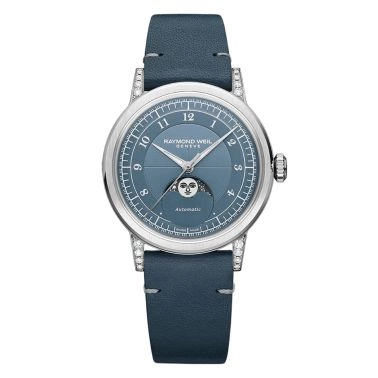 Montre Raymond Weil Millesime Automatique Phase de Lune Diamants cadran bleu bracelet cuir 35 mm
