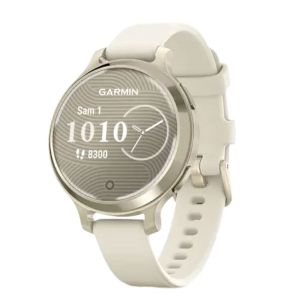 Garmin Lily 2 Active Lunar Gold watch with white silicone strap, 38 mm