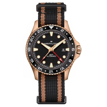 Hamilton Khaki Navy Scuba Automatic GMT Watch with Black Dial, Black and Gold NATO Strap, 43 mm