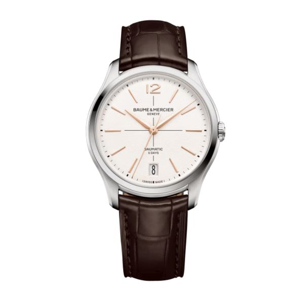 Montre Baume et Mercier Clifton automatique cadran blanc bracelet cuir marron 39 mm