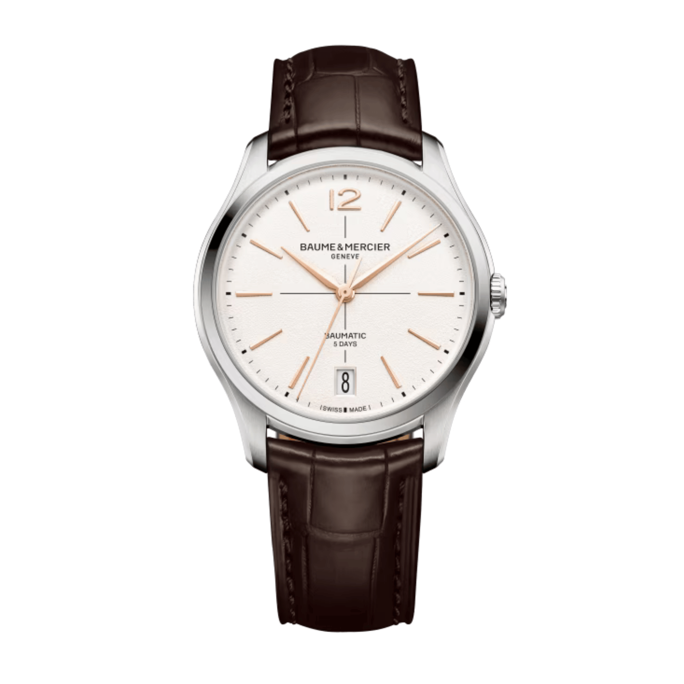 Watch Baume et Mercier Clifton automatic, white dial, brown strap, 39 mm