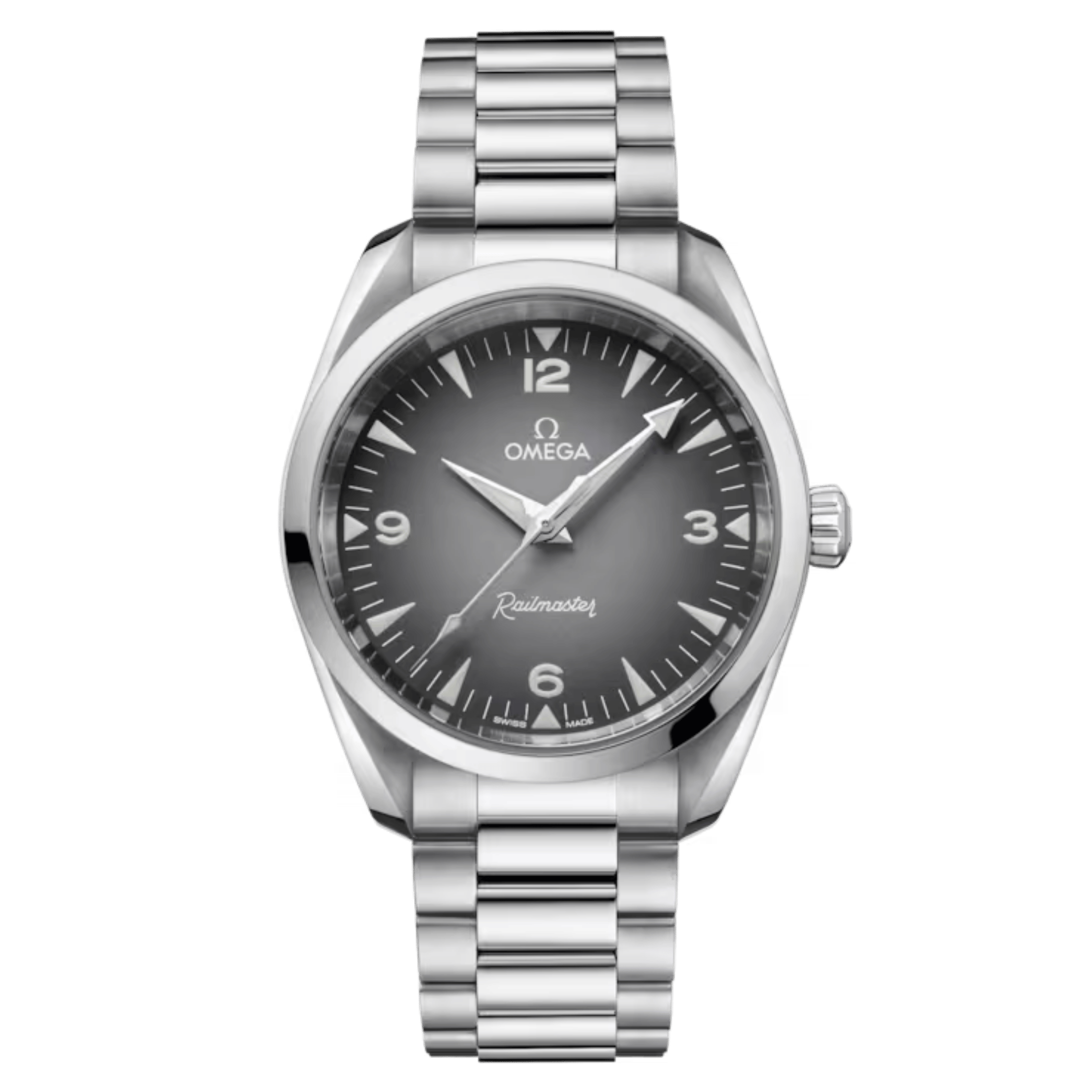 Montre Omega Seamaster Railmaster Co-Axial Master Chronometer cadran gris bracelet acier 38 mm