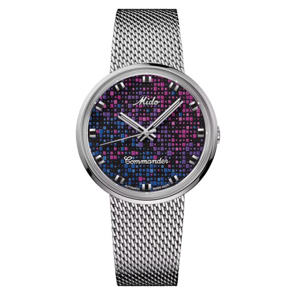 Mido Commander 1959 automatic watch with black and blue dial and Milanese steel bracelet, 37 mm