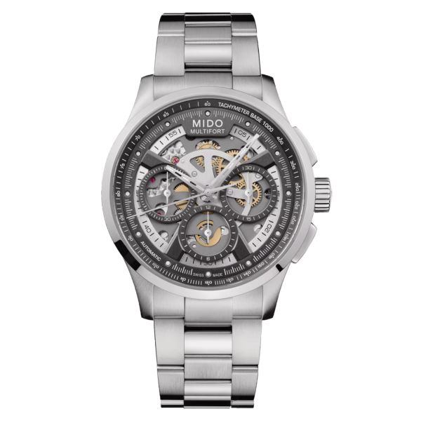 Mido Multifort Skeleton Chronograph Automatic Watch with Steel Bracelet, 44 mm
