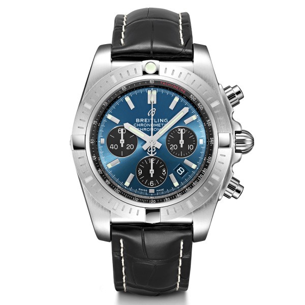 Montre Breitling Chronomat B01 chronograph cadran bleu blackeye bracelet croco noir 44 mm