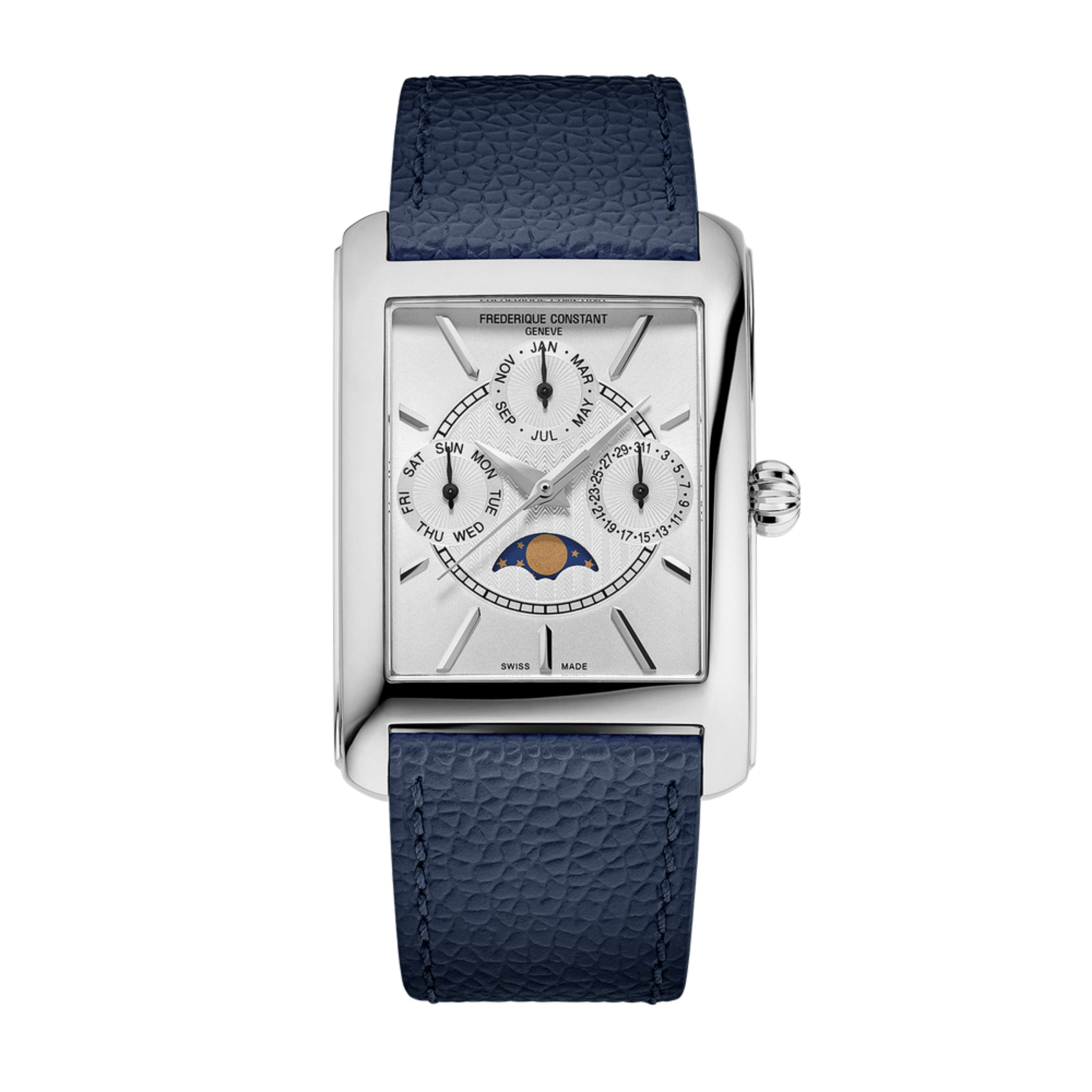 Montre Frédérique Constant Classics Carrée Calendar Moonphase quartz cadran argenté bracelet cuir 30 x 42 mm