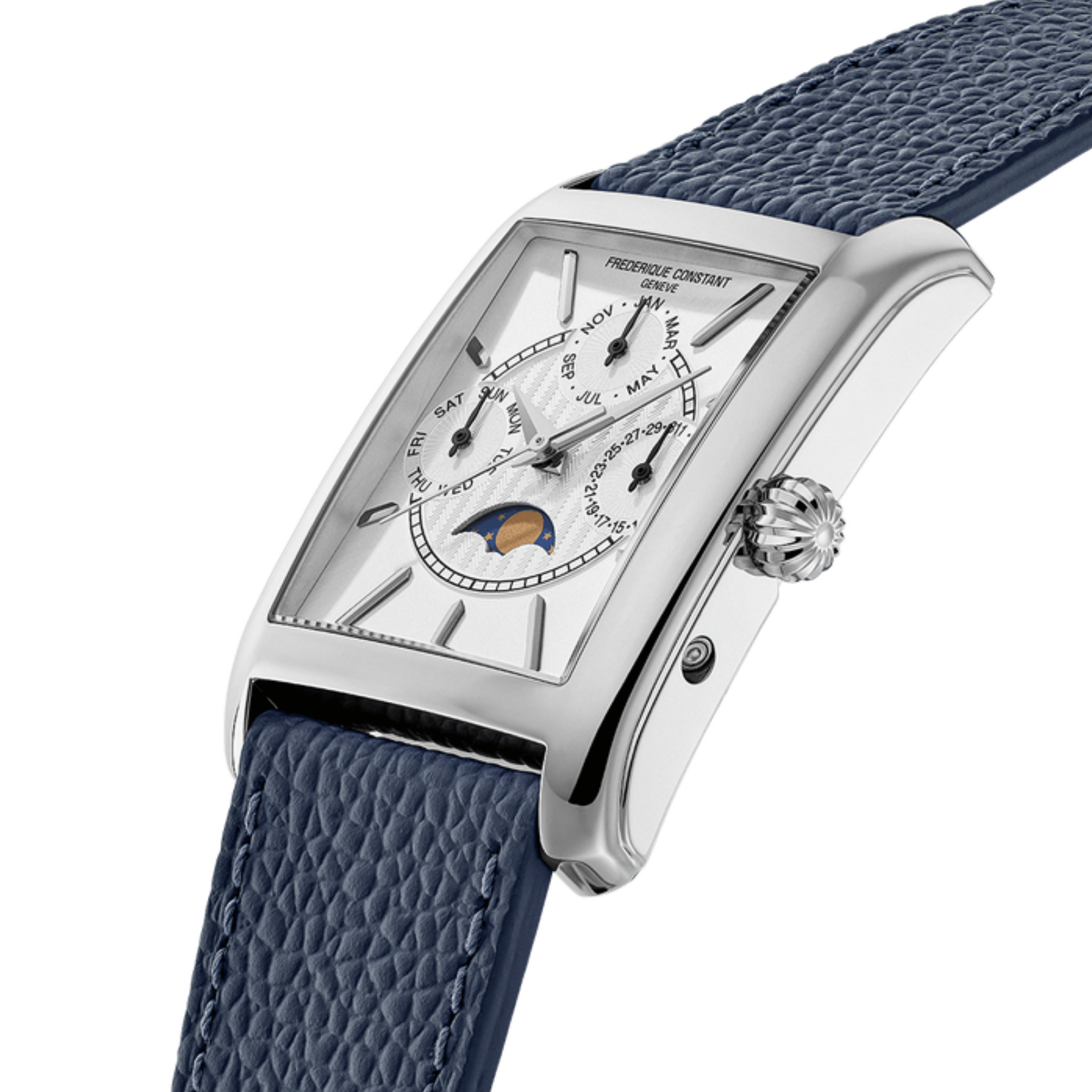 Montre Frédérique Constant Classics Carrée Calendar Moonphase quartz cadran argenté bracelet cuir 30 x 42 mm