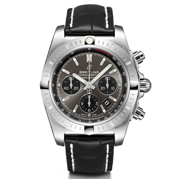 Montre Breitling Chronomat B01 chronograph cadran gris blackeye bracelet croco noir 44 mm