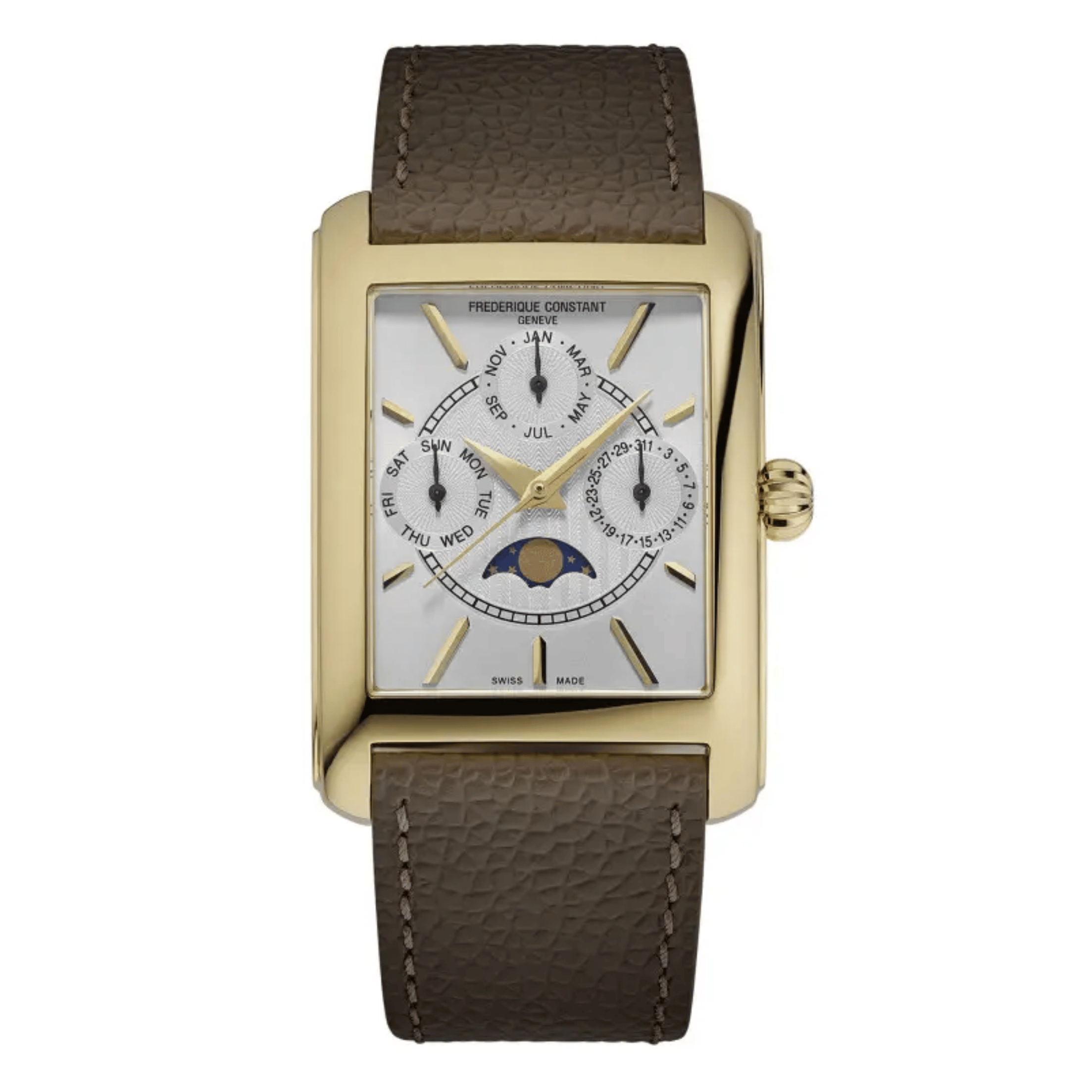 Montre Frédérique Constant Classics Carrée Calendar Moonphase PVD or jaune quartz cadran blanc bracelet cuir 30 x 42 mm