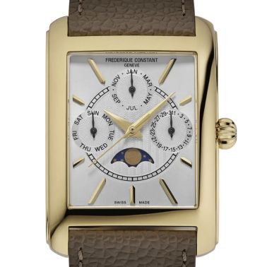 Montre Frédérique Constant Classics Carrée Calendar Moonphase PVD or jaune quartz cadran blanc bracelet cuir 30 x 42 mm