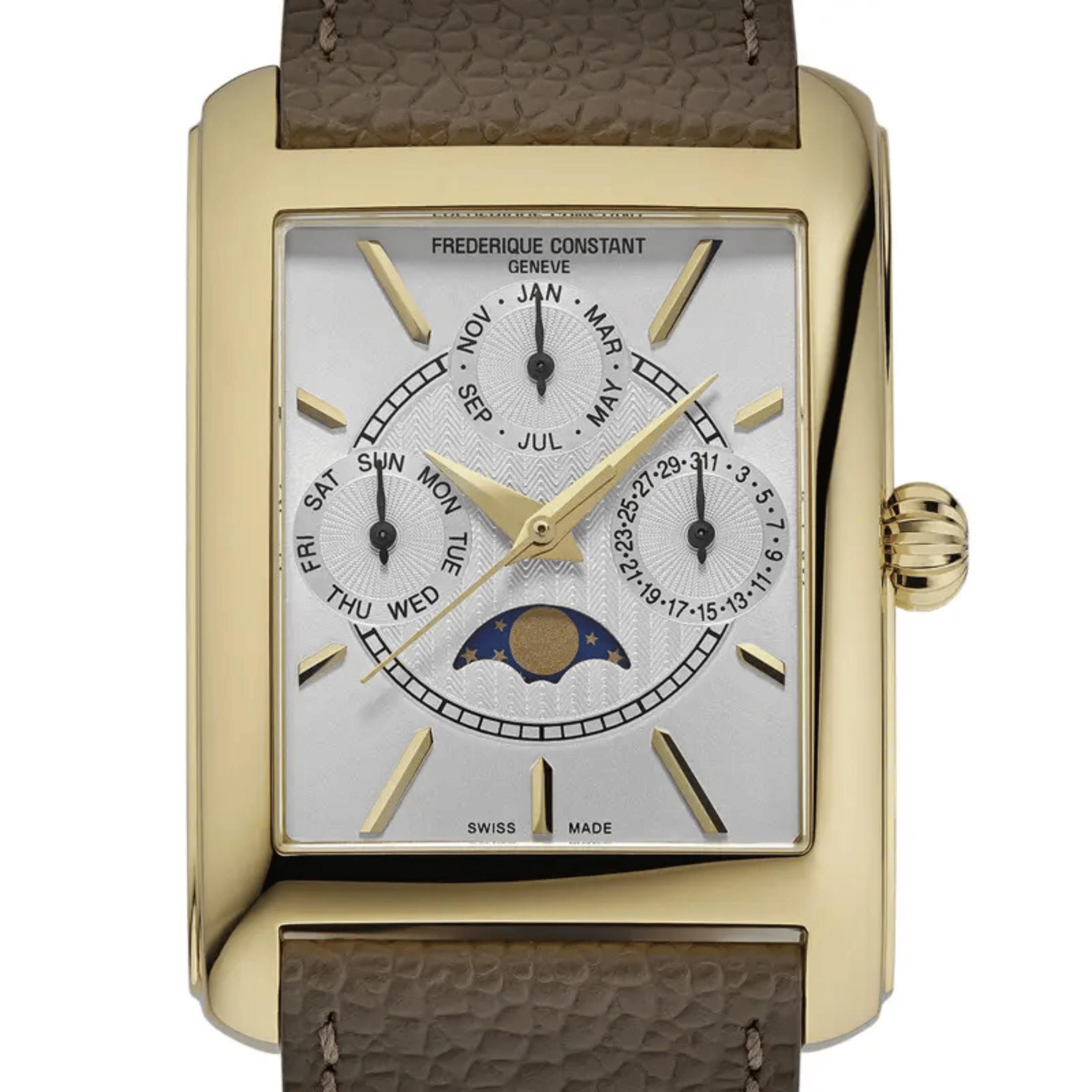 Montre Frédérique Constant Classics Carrée Calendar Moonphase PVD or jaune quartz cadran blanc bracelet cuir 30 x 42 mm