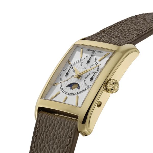 Montre Frédérique Constant Classics Carrée Calendar Moonphase PVD or jaune quartz cadran blanc bracelet cuir 30 x 42 mm