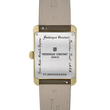 Montre Frédérique Constant Classics Carrée Calendar Moonphase PVD or jaune quartz cadran blanc bracelet cuir 30 x 42 mm