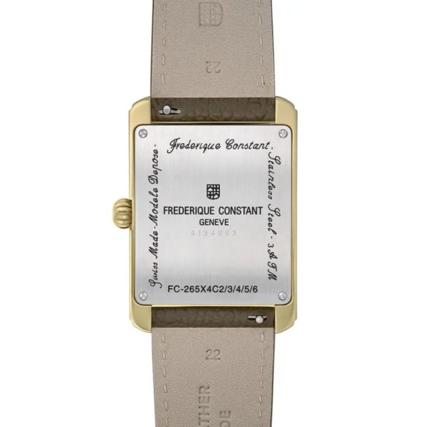 Montre Frédérique Constant Classics Carrée Calendar Moonphase PVD or jaune quartz cadran blanc bracelet cuir 30 x 42 mm