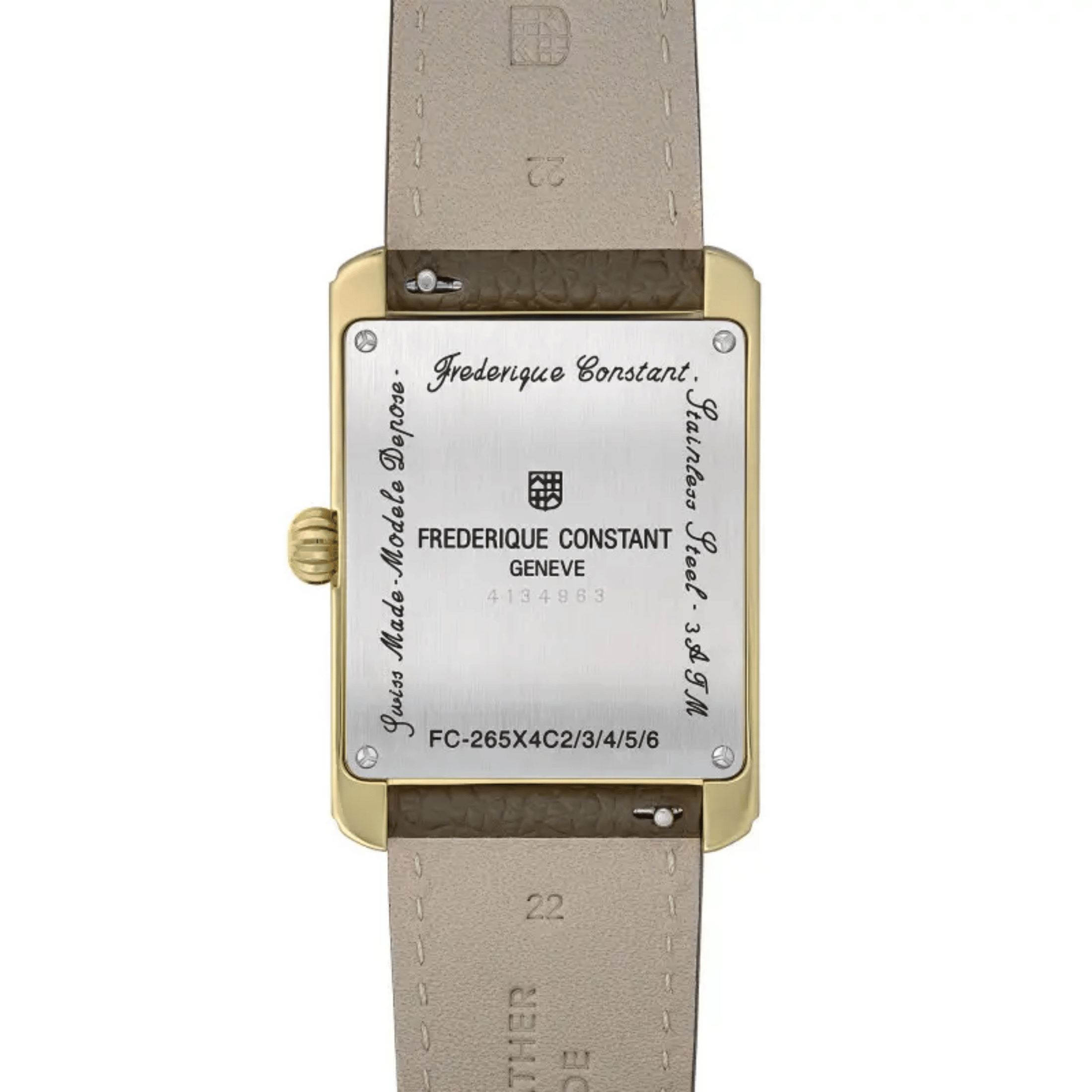 Montre Frédérique Constant Classics Carrée Calendar Moonphase PVD or jaune quartz cadran blanc bracelet cuir 30 x 42 mm