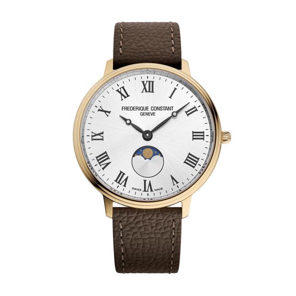 Montre Frédérique Constant Classics Moonphase quartz PVD or jaune cadran argenté bracelet cuir 39 mm