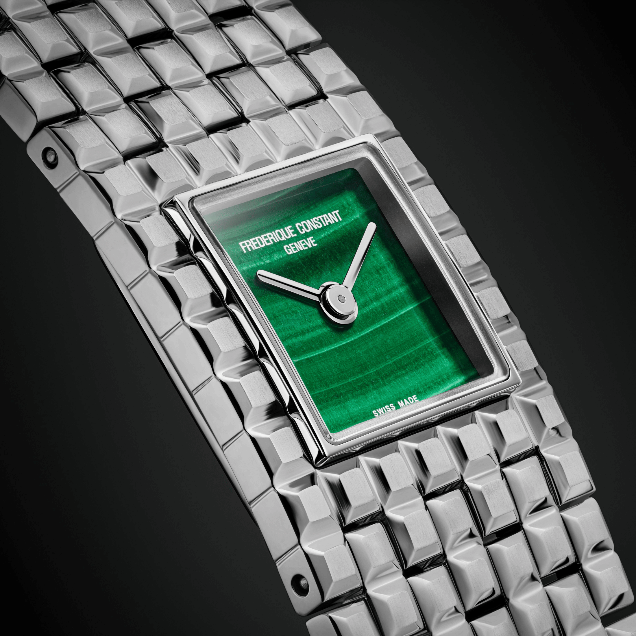 Montre Frédérique Constant Classics Manchette quartz cadran malachite bracelet acier 25.7 x 20 mm