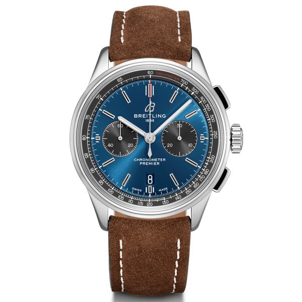 Montre Breitling Premier B01 chronograph cadran bleu bracelet nubuck brun 42 mm
