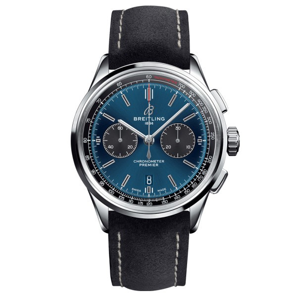 Montre Breitling Premier B01 chronograph cadran bleu bracelet nubuck anthracite 42 mm