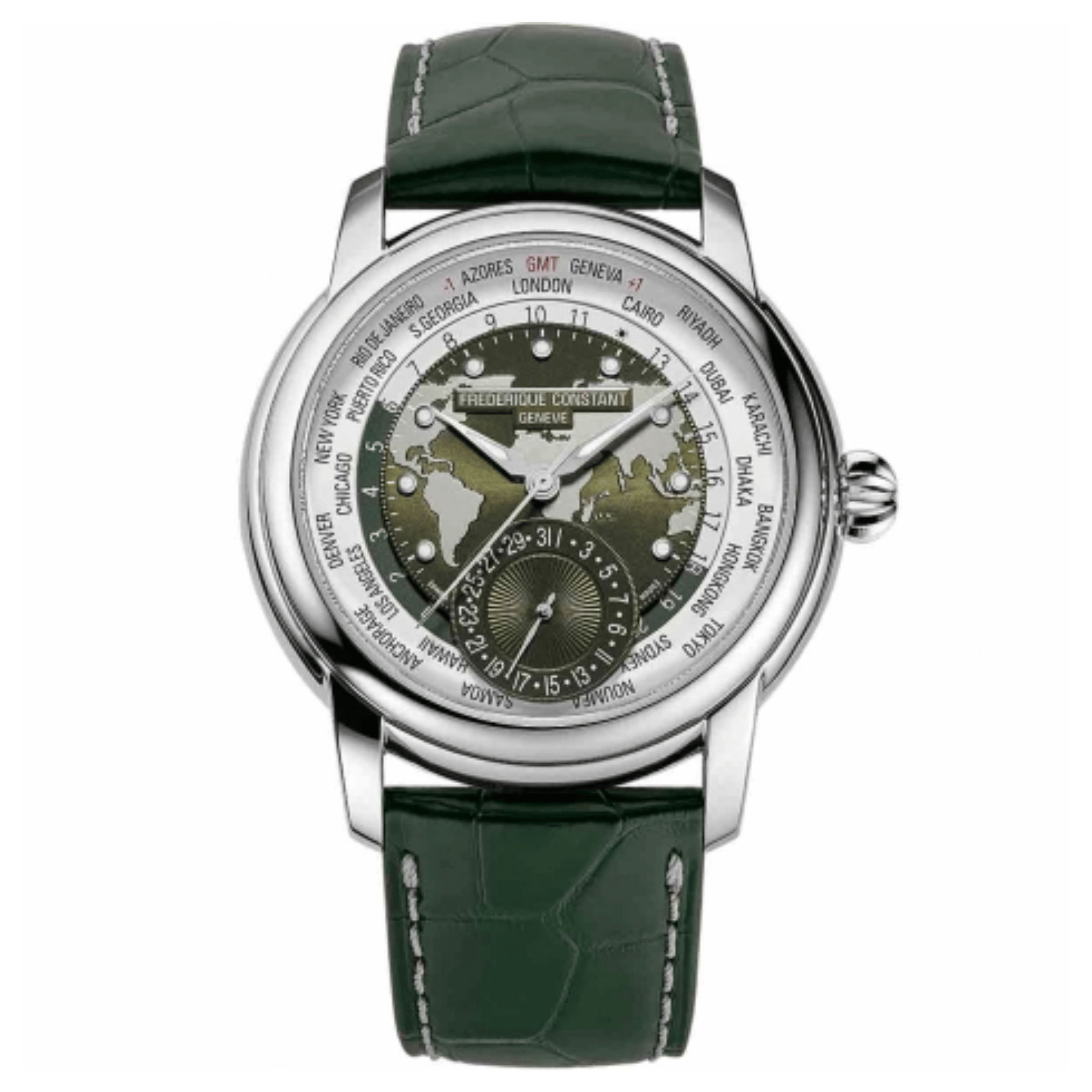 Montre Frédérique Constant Classics Worldtimer Manufacture Automatique cadran vert bracelet cuir 42 mm
